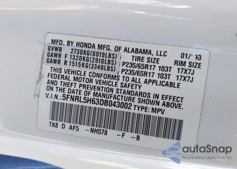 2013 Honda Odyssey Ex-L from USA, damaged, VIN 5FNRL5H63DB043002
